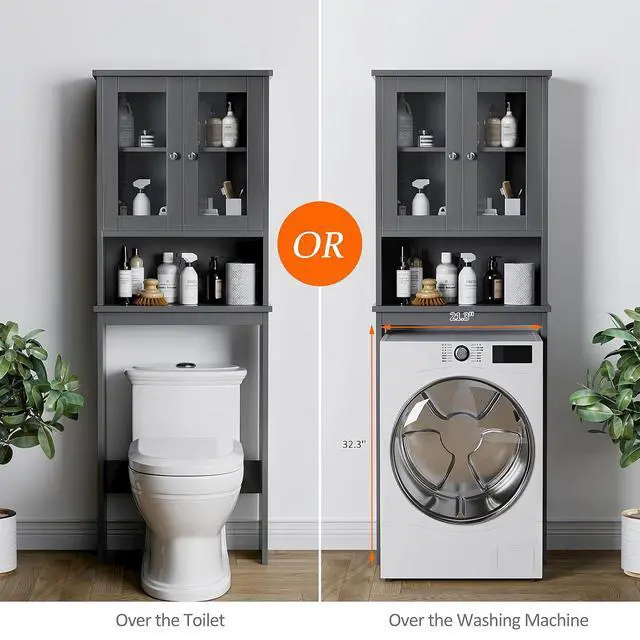 Alt view image 6 of 7 - Over the Toilet Storage Cabinet, Bathroom Storage Cabinet Over Toilet, Space Saver with 2 Tempered Glass Doors, Grey