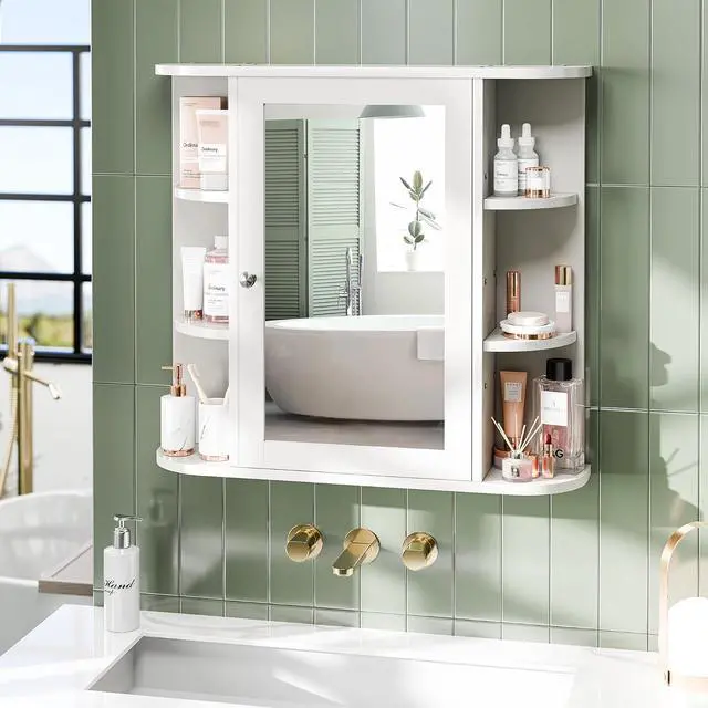 Alt view image 2 of 7 - Bathroom Medicine Cabinet, Bathroom Mirror Cabinet Wall Mounted with 6 Side Open Shelves, White Wall Cabinet with Mirror, White