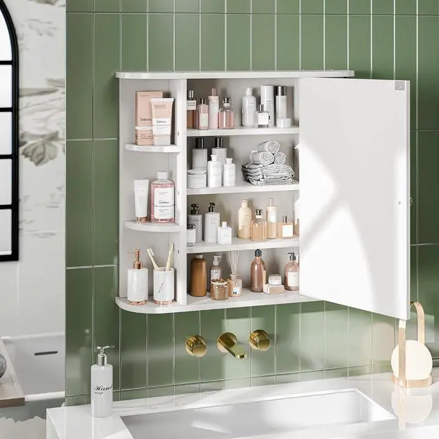 Alt view image 5 of 7 - Bathroom Medicine Cabinet, Bathroom Mirror Cabinet Wall Mounted with 6 Side Open Shelves, White Wall Cabinet with Mirror, White