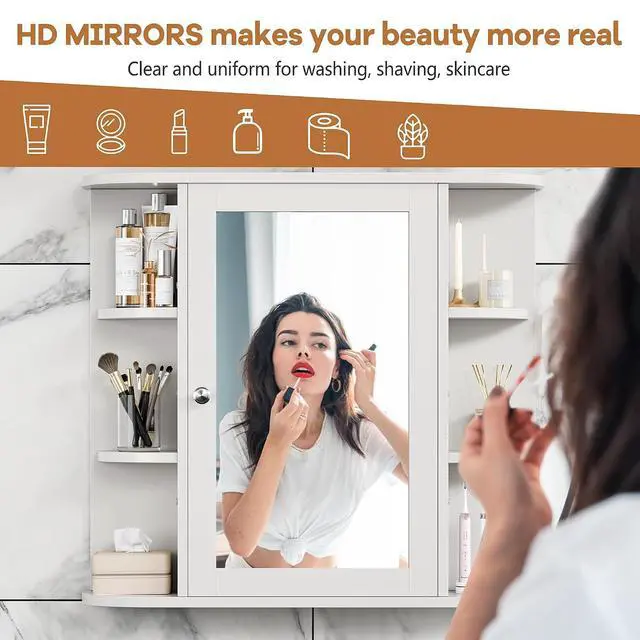 Alt view image 4 of 7 - Bathroom Medicine Cabinet, Bathroom Mirror Cabinet Wall Mounted with 6 Side Open Shelves, White Wall Cabinet with Mirror, White