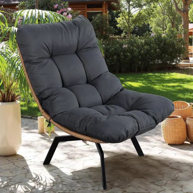 Main image of Swivel Wicker Chair PE Rattan Chair with Cushion, Oversized Patio Lounge Chair for Outdoor, Indoor, Balcony, Backyard, Garden, Living Room, Black