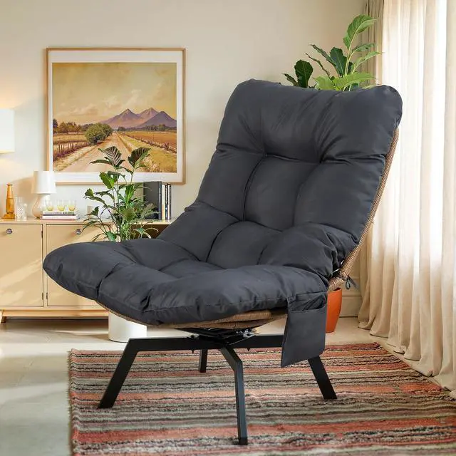 Alt view image 3 of 7 - Swivel Wicker Chair PE Rattan Chair with Cushion, Oversized Patio Lounge Chair for Outdoor, Indoor, Balcony, Backyard, Garden, Living Room, Black