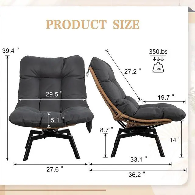 Alt view image 2 of 7 - Swivel Wicker Chair PE Rattan Chair with Cushion, Oversized Patio Lounge Chair for Outdoor, Indoor, Balcony, Backyard, Garden, Living Room, Black