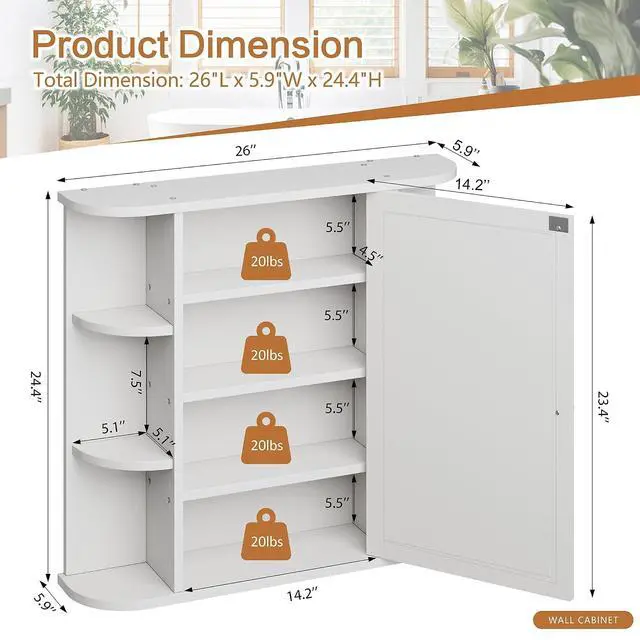 Alt view image 3 of 7 - Bathroom Medicine Cabinet, Bathroom Mirror Cabinet Wall Mounted with 6 Side Open Shelves, White Wall Cabinet with Mirror, White