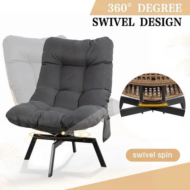 Alt view image 4 of 7 - Swivel Wicker Chair PE Rattan Chair with Cushion, Oversized Patio Lounge Chair for Outdoor, Indoor, Balcony, Backyard, Garden, Living Room, Black