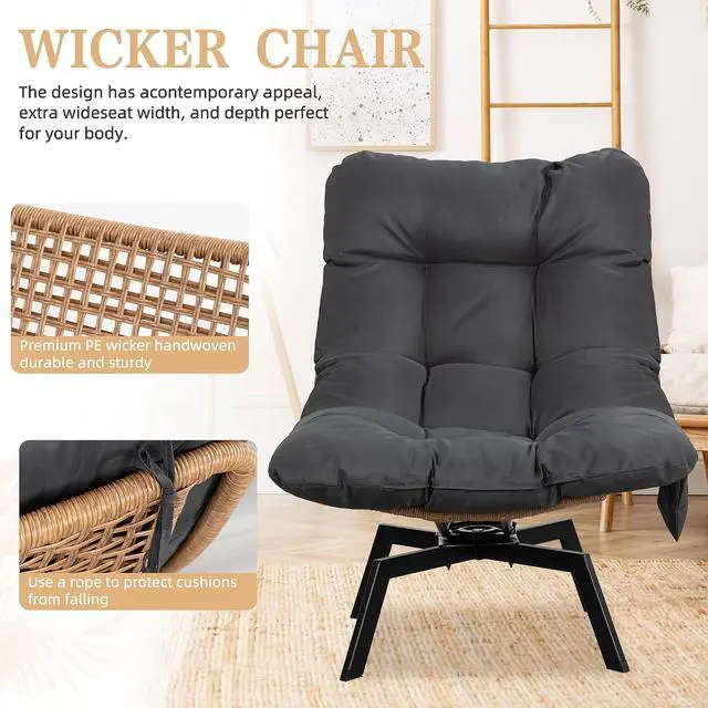 Alt view image 6 of 7 - Swivel Wicker Chair PE Rattan Chair with Cushion, Oversized Patio Lounge Chair for Outdoor, Indoor, Balcony, Backyard, Garden, Living Room, Black