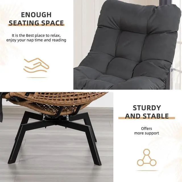 Alt view image 7 of 7 - Swivel Wicker Chair PE Rattan Chair with Cushion, Oversized Patio Lounge Chair for Outdoor, Indoor, Balcony, Backyard, Garden, Living Room, Black