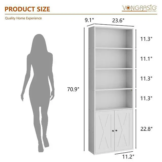 Alt view image 2 of 7 - 6-Tier Open Bookcase and Bookshelf with Doors, Floor Standing Farmhouse Display Storage Shelves 71 Inch Wood Tall Bookcase for Home Office, Living Room, Bed Room, White, 2 Pieces