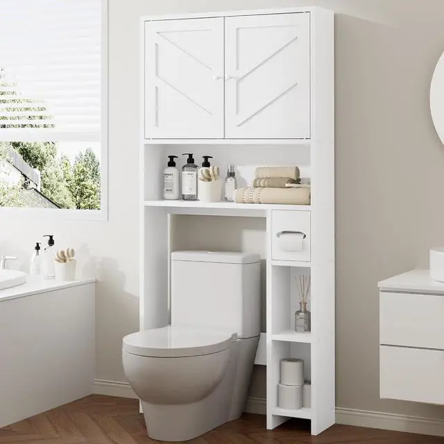 Main image of Bathroom Storage Cabinet Over Toilet with Toilet Paper Holder Stand, Freestanding Bathroom Storage Organizer Cabinet Space Saver W/Adjustable Shelf, White