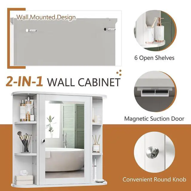 Alt view image 6 of 7 - Bathroom Medicine Cabinet, Bathroom Mirror Cabinet Wall Mounted with 6 Side Open Shelves, White Wall Cabinet with Mirror, White