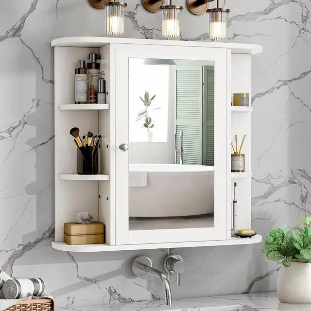 Alt view image 7 of 7 - Bathroom Medicine Cabinet, Bathroom Mirror Cabinet Wall Mounted with 6 Side Open Shelves, White Wall Cabinet with Mirror, White