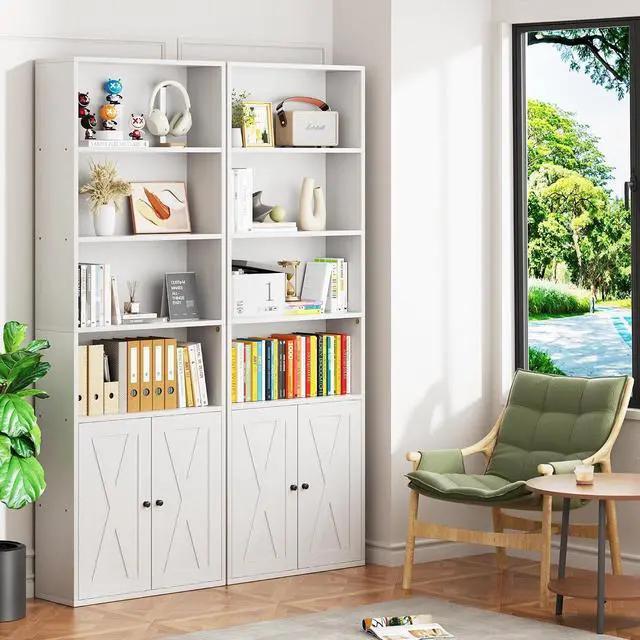Alt view image 3 of 7 - 6-Tier Open Bookcase and Bookshelf with Doors, Floor Standing Farmhouse Display Storage Shelves 71 Inch Wood Tall Bookcase for Home Office, Living Room, Bed Room, White, 2 Pieces