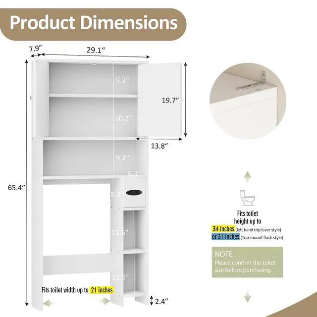 Alt view image 2 of 6 - Bathroom Storage Cabinet Over Toilet with Toilet Paper Holder Stand, Freestanding Bathroom Storage Organizer Cabinet Space Saver W/Adjustable Shelf, White