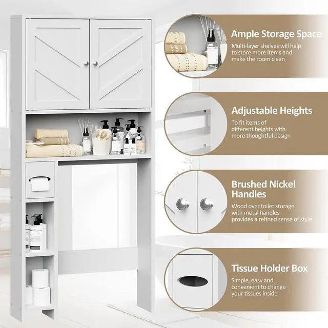 Alt view image 4 of 6 - Bathroom Storage Cabinet Over Toilet with Toilet Paper Holder Stand, Freestanding Bathroom Storage Organizer Cabinet Space Saver W/Adjustable Shelf, White