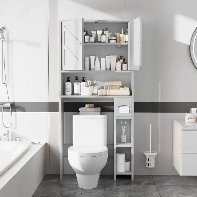 Alt view image 3 of 6 - Bathroom Storage Cabinet Over Toilet with Toilet Paper Holder Stand, Freestanding Bathroom Storage Organizer Cabinet Space Saver W/Adjustable Shelf, White