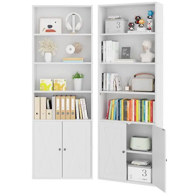 Alt view image 7 of 7 - 6-Tier Open Bookcase and Bookshelf with Doors, Floor Standing Farmhouse Display Storage Shelves 71 Inch Wood Tall Bookcase for Home Office, Living Room, Bed Room, White, 2 Pieces