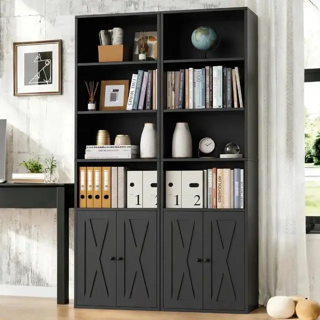 Main image of 6-Tier Open Bookcase and Bookshelf with Doors, Floor Standing Farmhouse Display Storage Shelves 71 Inch Wood Tall Bookcase for Home Office, Living Room, Bed Room, Black, 2 Pieces