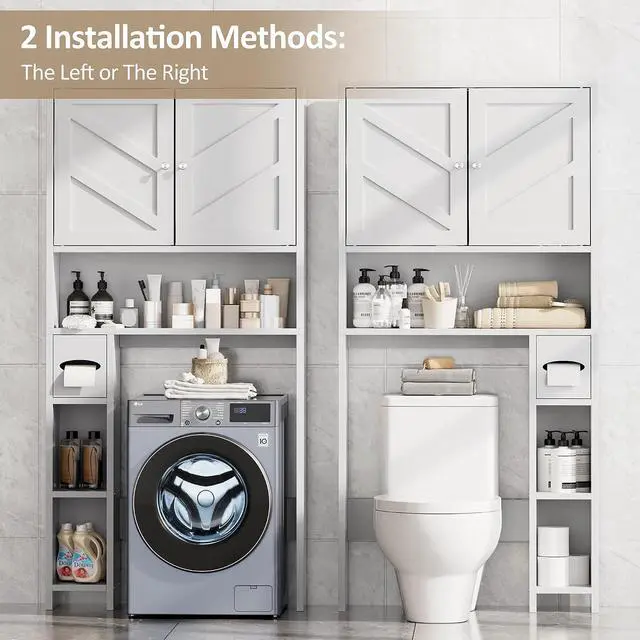 Alt view image 5 of 6 - Bathroom Storage Cabinet Over Toilet with Toilet Paper Holder Stand, Freestanding Bathroom Storage Organizer Cabinet Space Saver W/Adjustable Shelf, White