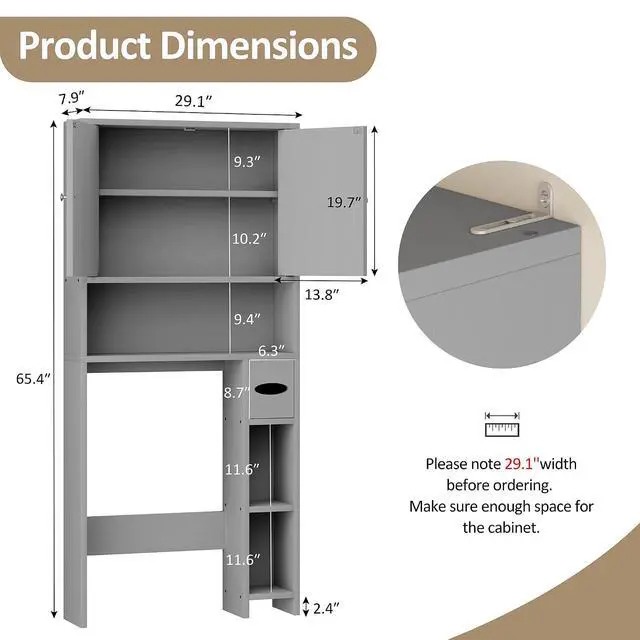 Alt view image 2 of 7 - Farmhouse Storage Cabinet Over Toilet with Toilet Paper Holder Stand, Freestanding Bathroom Storage Organizer Cabinet, Grey