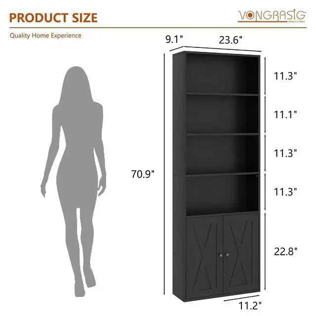 Alt view image 2 of 7 - Farmhouse Bookcase with Doors & Storage, Tall 6-Tier Wood Bookshelf for Home Office Organization, Living Room Display, and Bedroom Storage Alternatives, 71-Inch Standing Shelf, Black