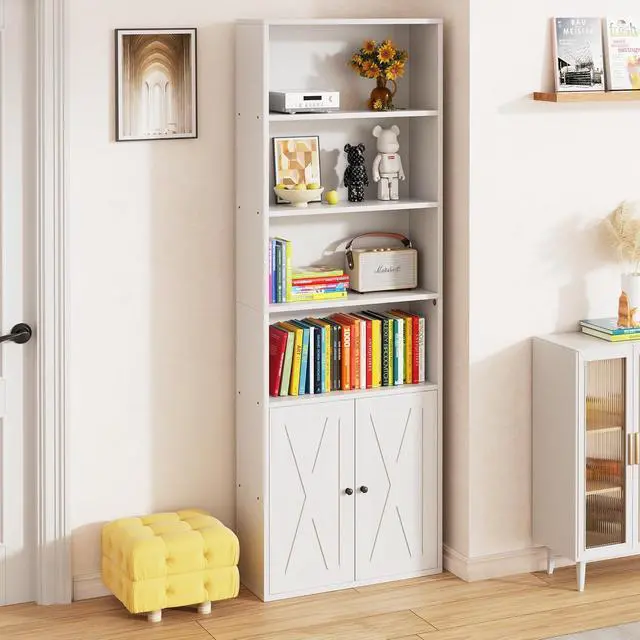 Alt view image 3 of 7 - 6-Tier Open Bookcase and Bookshelf with Doors, Floor Standing Farmhouse Display Storage Shelves 71 Inch Wood Tall Bookcase for Home Office, Living Room, Bed Room, White