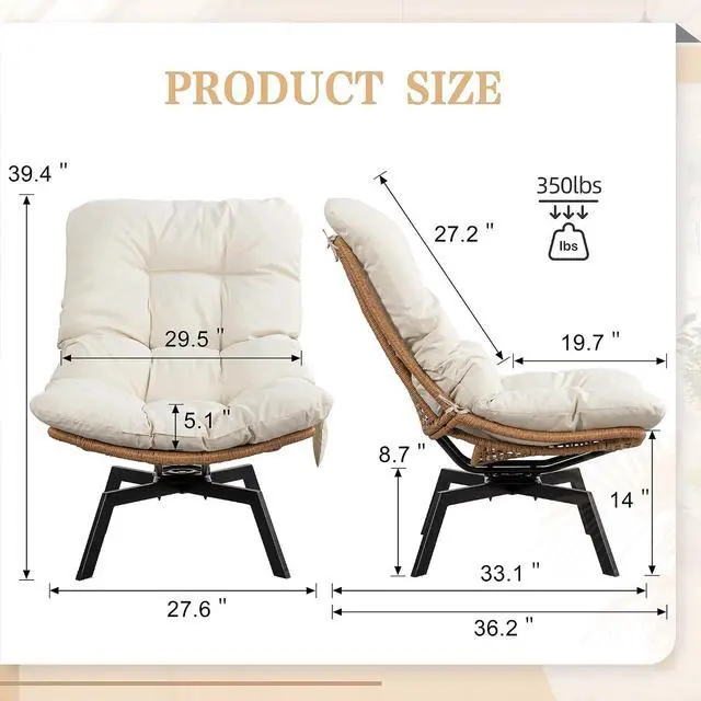 Alt view image 2 of 7 - Swivel Wicker Chair PE Rattan Chair with Cushion, Oversized Patio Lounge Chair for Outdoor, Indoor, Balcony, Backyard, Garden, Living Room, Beige