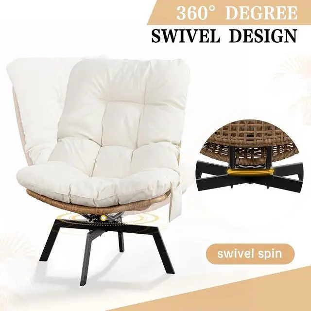 Alt view image 5 of 7 - Swivel Wicker Chair PE Rattan Chair with Cushion, Oversized Patio Lounge Chair for Outdoor, Indoor, Balcony, Backyard, Garden, Living Room, Beige