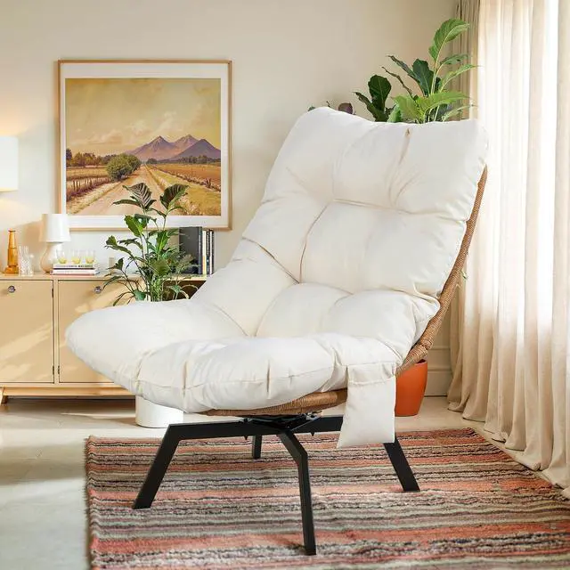 Alt view image 3 of 7 - Swivel Wicker Chair PE Rattan Chair with Cushion, Oversized Patio Lounge Chair for Outdoor, Indoor, Balcony, Backyard, Garden, Living Room, Beige