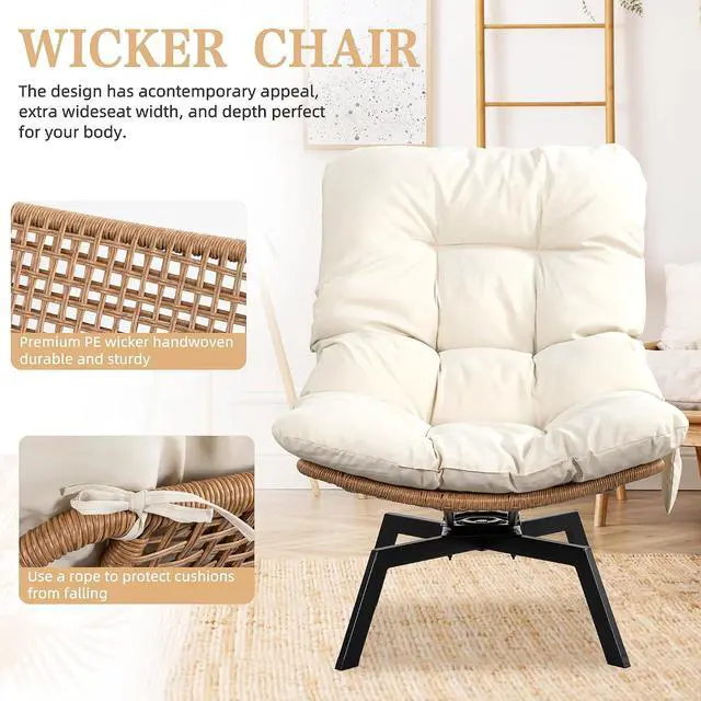 Alt view image 7 of 7 - Swivel Wicker Chair PE Rattan Chair with Cushion, Oversized Patio Lounge Chair for Outdoor, Indoor, Balcony, Backyard, Garden, Living Room, Beige