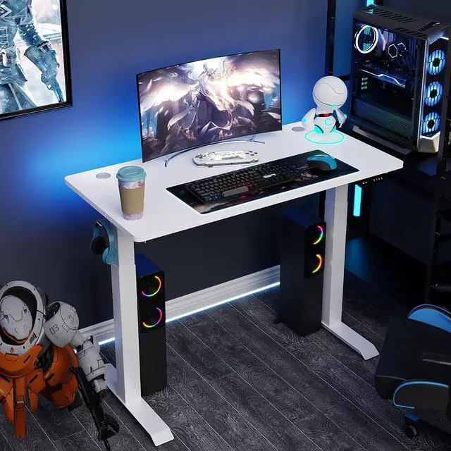 Alt view image 2 of 7 - Height Adjustable Electric Standing Desk, 48 x 24 Inches Home Office Stand Up Table Computer Workstation with Splice Table Board & Memory Controller (White Frame + White Desktop)