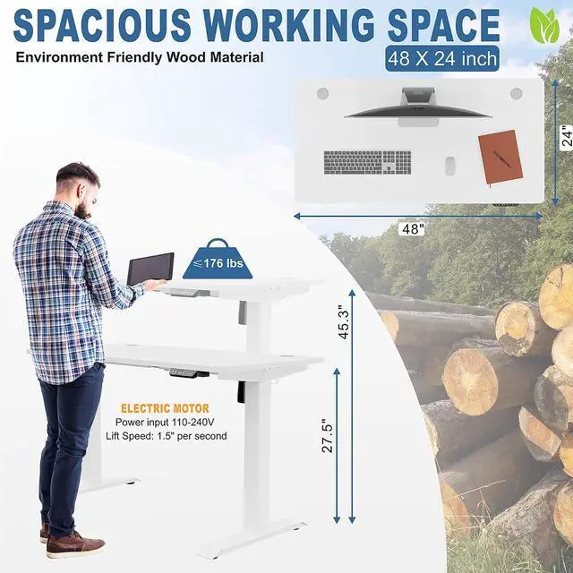 Alt view image 3 of 7 - Height Adjustable Electric Standing Desk, 48 x 24 Inches Home Office Stand Up Table Computer Workstation with Splice Table Board & Memory Controller (White Frame + White Desktop)