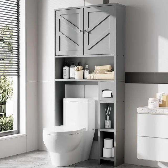 Alt view image 3 of 7 - Farmhouse Storage Cabinet Over Toilet with Toilet Paper Holder Stand, Freestanding Bathroom Storage Organizer Cabinet, Grey