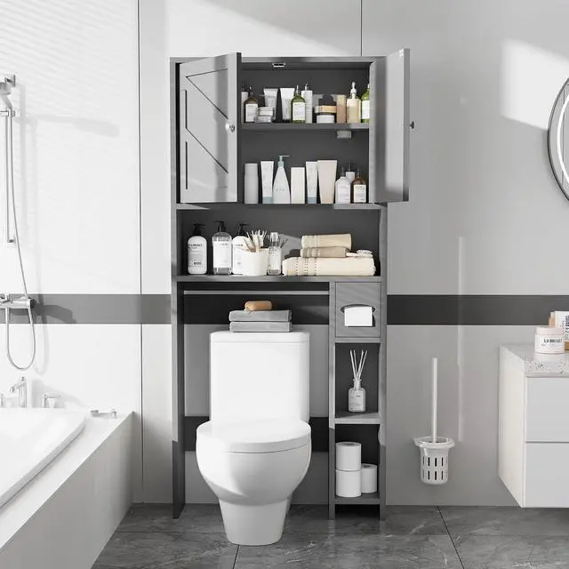 Alt view image 4 of 7 - Farmhouse Storage Cabinet Over Toilet with Toilet Paper Holder Stand, Freestanding Bathroom Storage Organizer Cabinet, Grey