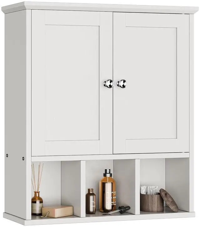 Main image of Bathroom Wall Cabinet, Bathroom Cabinet Wall Mount with 2 Doors and 3 Open Shelves, Over the Toilet Wood Medicine Cabinets, White