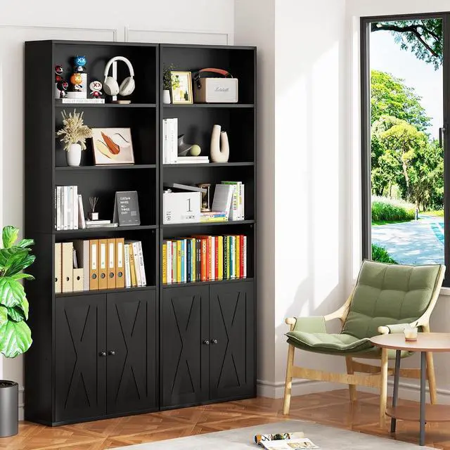Alt view image 4 of 7 - Farmhouse Bookcase with Doors & Storage, Tall 6-Tier Wood Bookshelf for Home Office Organization, Living Room Display, and Bedroom Storage Alternatives, 71-Inch Standing Shelf, Black