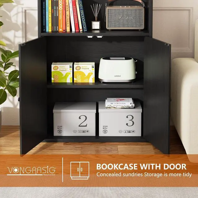 Alt view image 5 of 7 - Farmhouse Bookcase with Doors & Storage, Tall 6-Tier Wood Bookshelf for Home Office Organization, Living Room Display, and Bedroom Storage Alternatives, 71-Inch Standing Shelf, Black