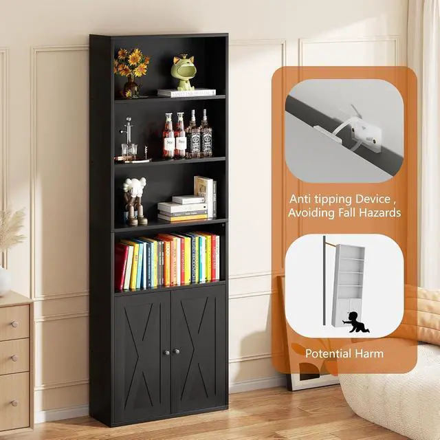 Alt view image 7 of 7 - Farmhouse Bookcase with Doors & Storage, Tall 6-Tier Wood Bookshelf for Home Office Organization, Living Room Display, and Bedroom Storage Alternatives, 71-Inch Standing Shelf, Black