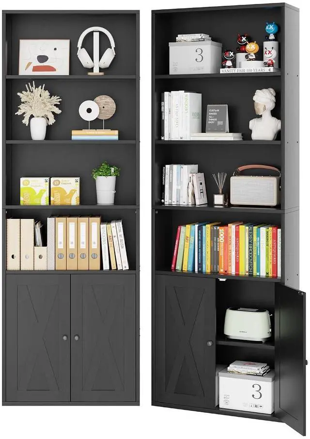 Alt view image 7 of 7 - 6-Tier Open Bookcase and Bookshelf with Doors, Floor Standing Farmhouse Display Storage Shelves 71 Inch Wood Tall Bookcase for Home Office, Living Room, Bed Room, Black, 2 Pieces