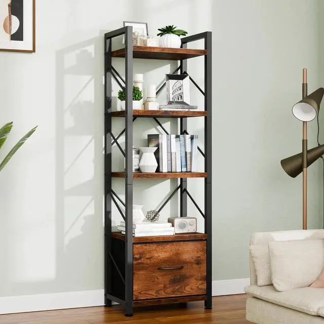 Main image of 5 Tier Bookshelf with Drawer, Industrial Tall Narrow Bookcase, Display Shelf Modern Wood and Metal Bookshelves, Free Standing Storage Organizer for Office, Living Room