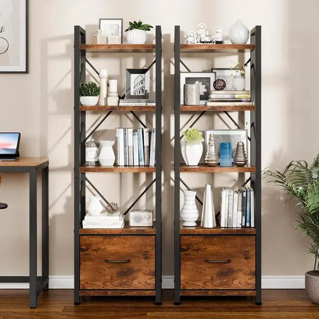 Alt view image 3 of 7 - 5 Tier Bookshelf with Drawer, Industrial Tall Narrow Bookcase, Display Shelf Modern Wood and Metal Bookshelves, Free Standing Storage Organizer for Office, Living Room