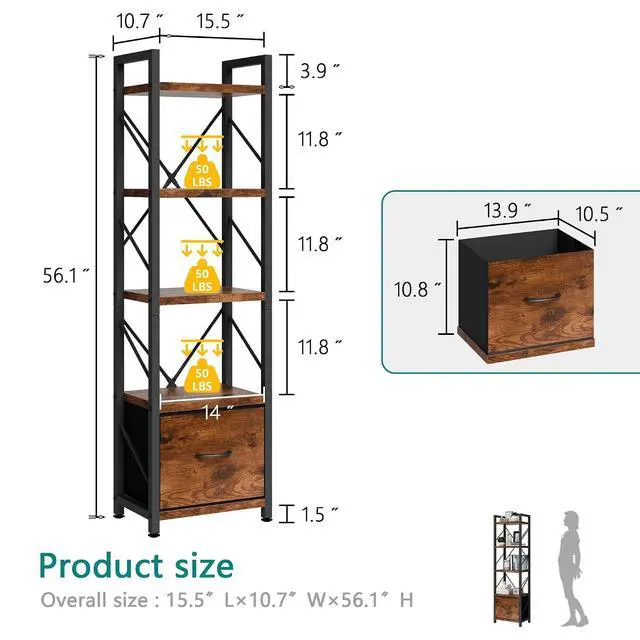 Alt view image 2 of 7 - 5 Tier Bookshelf with Drawer, Industrial Tall Narrow Bookcase, Display Shelf Modern Wood and Metal Bookshelves, Free Standing Storage Organizer for Office, Living Room