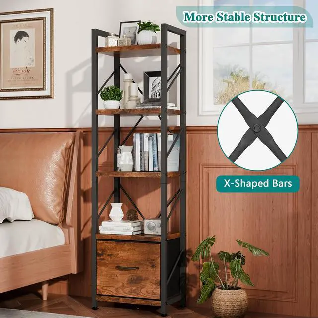 Alt view image 4 of 7 - 5 Tier Bookshelf with Drawer, Industrial Tall Narrow Bookcase, Display Shelf Modern Wood and Metal Bookshelves, Free Standing Storage Organizer for Office, Living Room