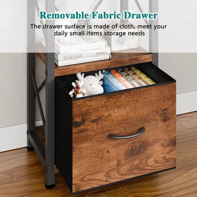 Alt view image 5 of 7 - 5 Tier Bookshelf with Drawer, Industrial Tall Narrow Bookcase, Display Shelf Modern Wood and Metal Bookshelves, Free Standing Storage Organizer for Office, Living Room