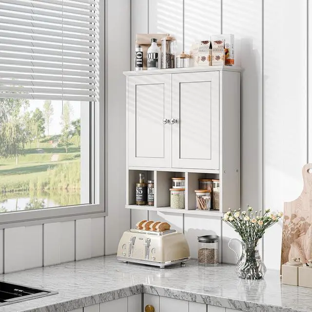 Alt view image 6 of 6 - Bathroom Wall Cabinet, Bathroom Cabinet Wall Mount with 2 Doors and 3 Open Shelves, Over the Toilet Wood Medicine Cabinets, White