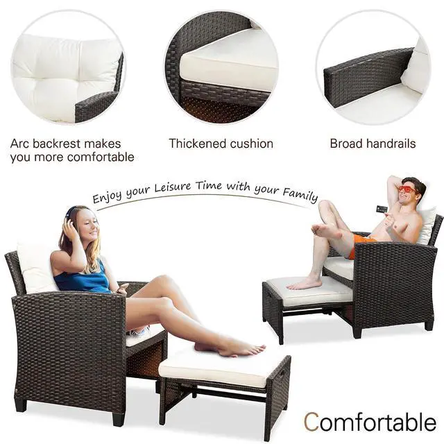 Alt view image 6 of 7 - Patio Chair with Ottoman, 5 Pieces Patio Furniture Set Small Balcony Furniture, Rattan Patio Chairs Set of 2 with Glass Table for Front Porch Garden (Beige)