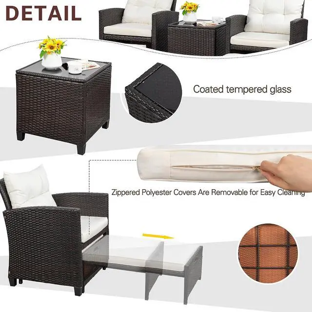 Alt view image 4 of 7 - Patio Chair with Ottoman, 5 Pieces Patio Furniture Set Small Balcony Furniture, Rattan Patio Chairs Set of 2 with Glass Table for Front Porch Garden (Beige)