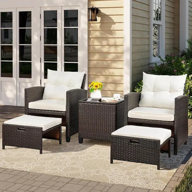 Main image of Patio Chair with Ottoman, 5 Pieces Patio Furniture Set Small Balcony Furniture, Rattan Patio Chairs Set of 2 with Glass Table for Front Porch Garden (Beige)