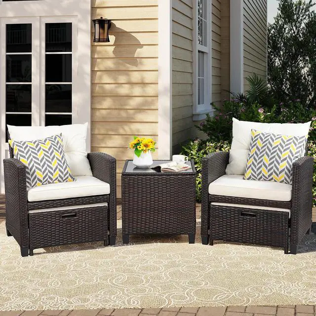 Alt view image 2 of 7 - Patio Chair with Ottoman, 5 Pieces Patio Furniture Set Small Balcony Furniture, Rattan Patio Chairs Set of 2 with Glass Table for Front Porch Garden (Beige)