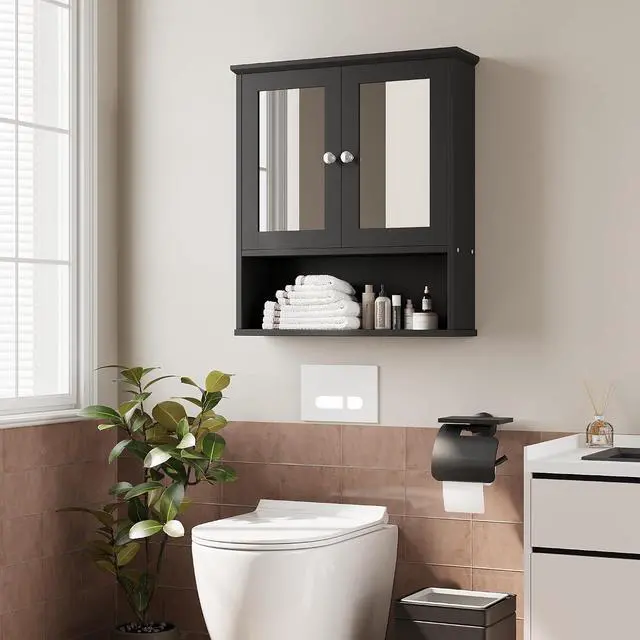 Alt view image 2 of 7 - Bathroom Wall Cabinet with Mirror, Bathroom Mirror Cabinet Wall Mounted, Over Toilet Medicine Cabinets with Adjustable Shelf, Large Capacity, Black