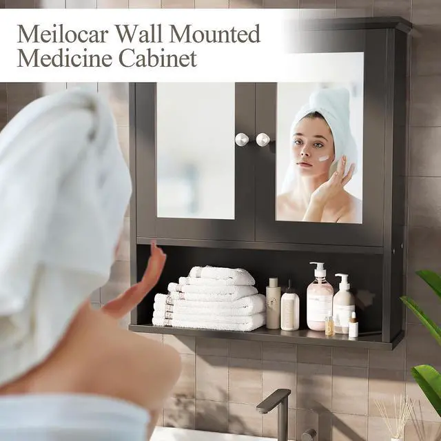 Alt view image 4 of 7 - Bathroom Wall Cabinet with Mirror, Bathroom Mirror Cabinet Wall Mounted, Over Toilet Medicine Cabinets with Adjustable Shelf, Large Capacity, Black